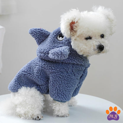 Sherpa coat side view on small dog