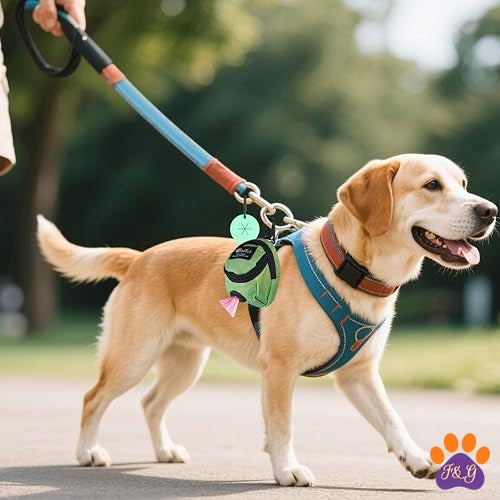 Dog on a walk with mini treat pouch on leash