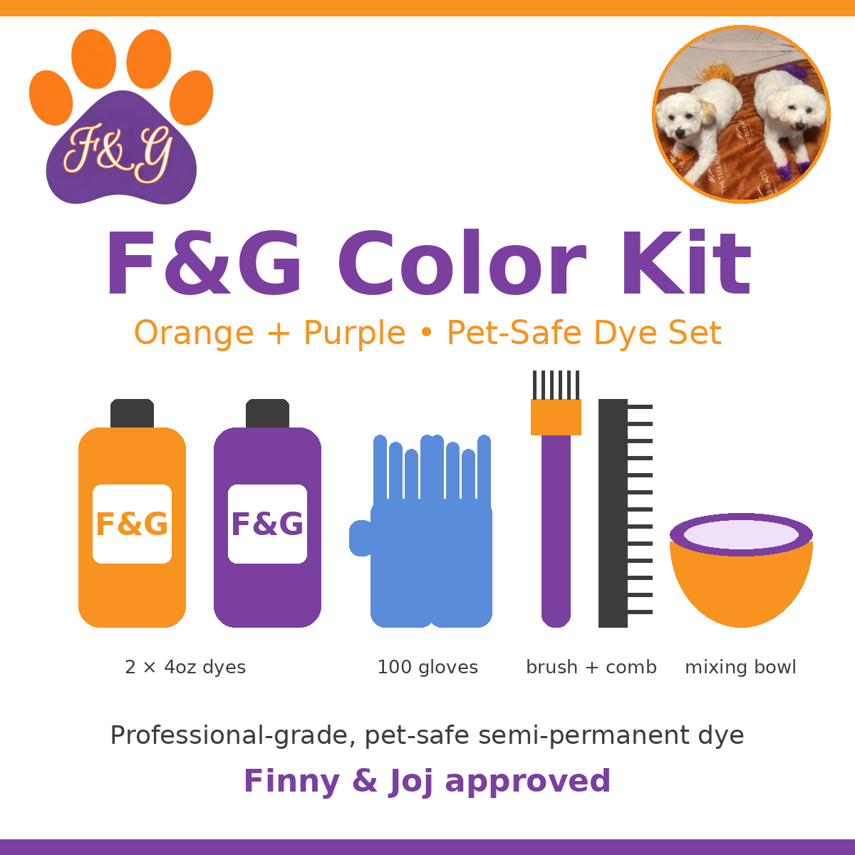 F&G Color Kit – orange and purple pet-safe dye set with gloves, brush, comb and bowl