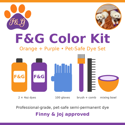 F&G Color Kit – orange and purple pet-safe dye set with gloves, brush, comb and bowl