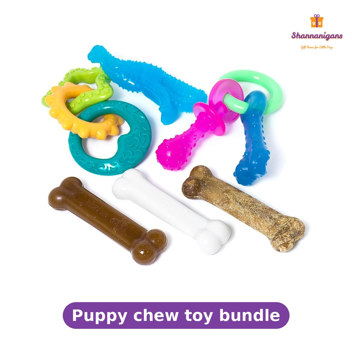 Included in the New Puppy Gift Box: Puppy chew toy bundle